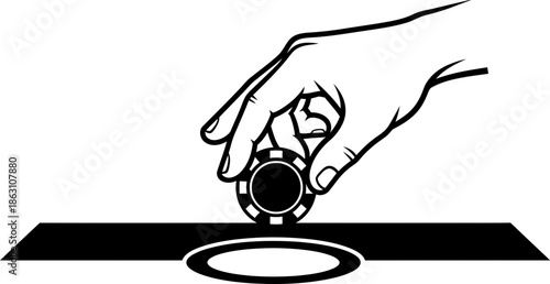Human hand placing a chip onto a betting area. Gambling, casino game, poker, and risk concept. Vector icon for app, web design