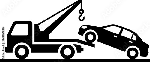Tow truck transporting broken car icon. Vehicle recovery and road assistance concept. Simple black silhouette vector illustration for logo
