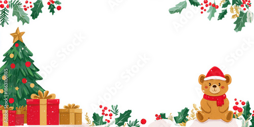Winter Christmas Frame With Teddy Bear And Tree