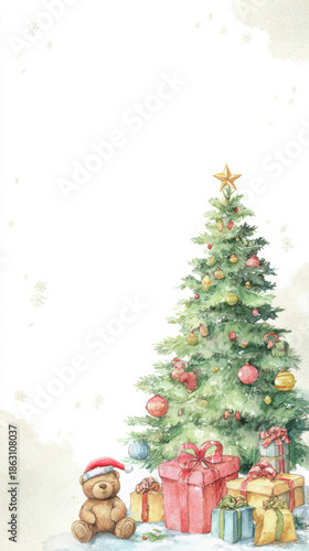 Winter Christmas Frame With Teddy Bear And Tree