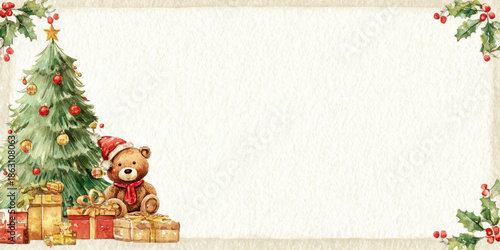 Winter Christmas Frame With Teddy Bear And Tree