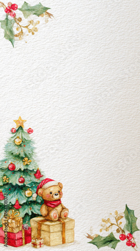 Winter Christmas Frame With Teddy Bear And Tree