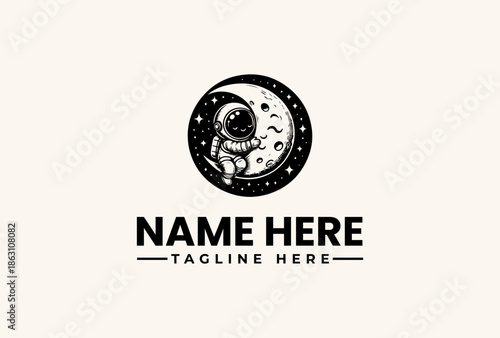 Black and white illustration of an astronaut in a space helmet on the moon with stars, surrounded by a circular border with placeholder text for a logo or icon, against a clean background.
