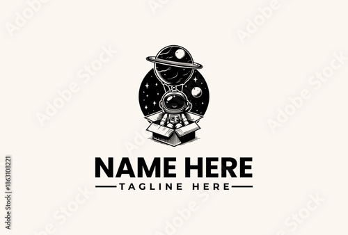 Black and white illustration of a robot astronaut in space with a planet and stars, featuring a logo template with placeholder text on a beige background.