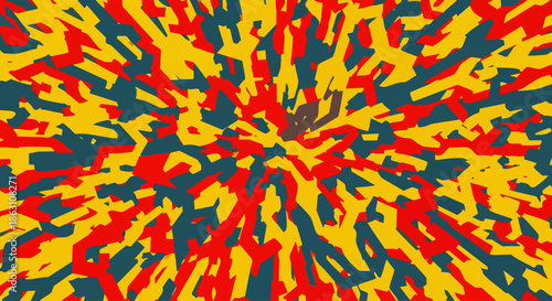 Vibrant abstract background with energetic red, yellow, and deep blue irregular shapes radiating from the center, creating a dynamic, chaotic visual pattern.