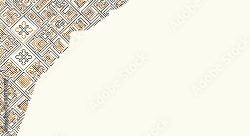 An elegant, intricate geometric pattern in warm earthy tones adorns the corner of a clean off-white background, offering ample copy space for design projects.