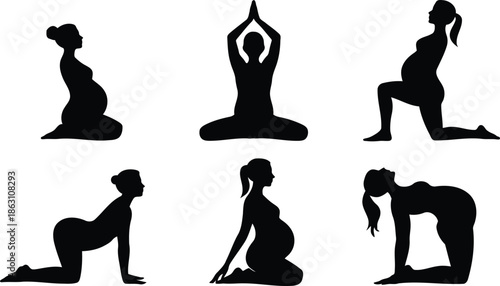 Collection of black silhouettes showing pregnant women practicing different yoga poses for prenatal wellness