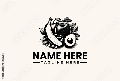 A black and white illustration of a fruit logo with a banana, apple, and pear, featuring a placeholder name and tagline on a plain background.