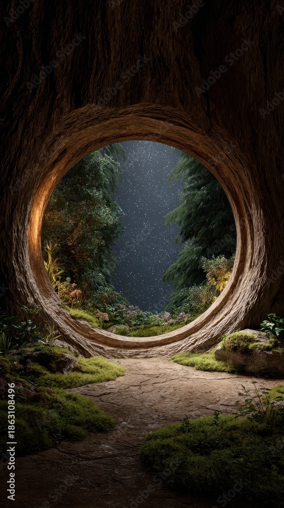 Fototapeta premium Enchanted portal view to the starry sky through a natural round opening in a mossy forest.