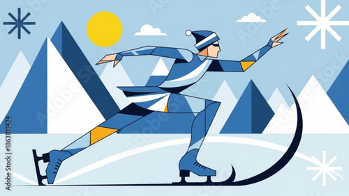 Man ice skating on frozen lake with snowy mountains and sunny sky in winter