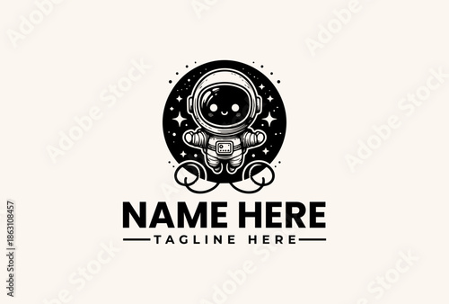 Black and white illustration of an astronaut in a space-themed logo with placeholder text on a clean background.