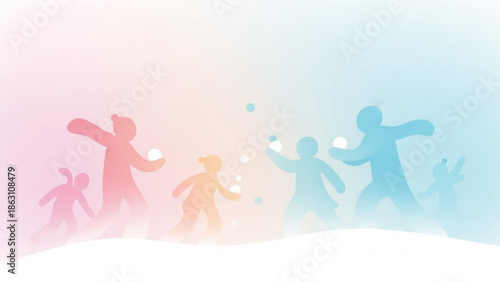 Colorful silhouettes of happy children playing with snowballs in winter landscape with pastel
