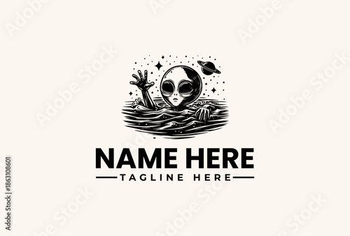Black and white illustration of an alien emerging from water with a placeholder name and tagline on a plain beige background, featuring a vector logo design.