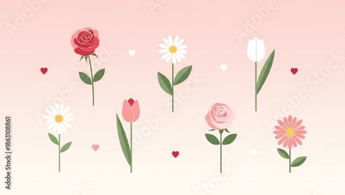 Colorful illustration of roses, tulips, and daisies with hearts on a pink background