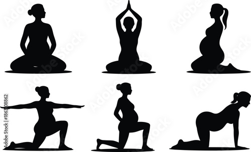 Silhouettes of pregnant women performing various prenatal yoga poses on a clean white background