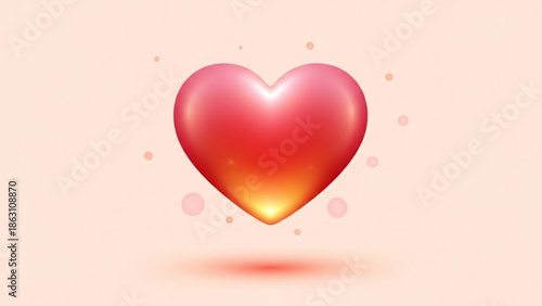 A large pink heart with a golden glow floats on a soft pink background with small circles