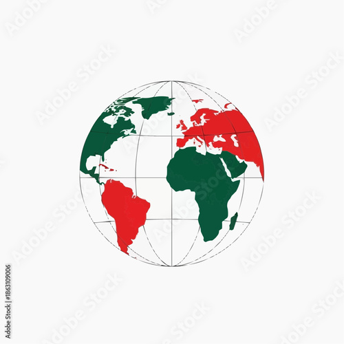 A colorful illustration of the world with green and red continents