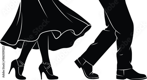 Elegant dancing couple silhouette showing stylish legs, high heels, trousers, motion, rhythm, and romantic ballroom or Latin dance posture