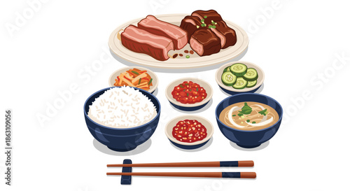 Traditional braised pork belly meal served with steamed rice, spicy sauces, sliced cucumber, and soup in a set.