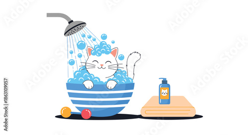 Cute white cat enjoying a bubbly bath in a blue striped bowl under a shower head with bath supplies and toys nearby in a room.