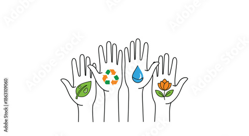 Conceptual illustration showing four hands held up with environmental icons like recycle, water drop, leaf, and flower.
