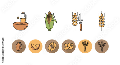 Comprehensive collection of agricultural icons featuring corn, wheat, almonds, vegetable oil, and seeds in a clean flat design style.