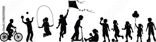 Children playing outdoors in silhouette style, engaging in fun physical activities like biking, running, jumping, skating, and flying kites together.