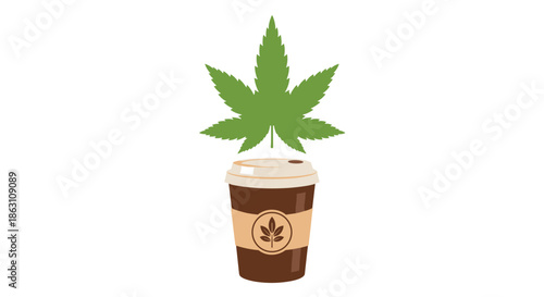 Disposable coffee cup featuring a cannabis leaf logo and a large green marijuana leaf floating above the lid against a white background.
