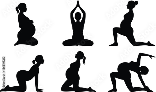 Six black silhouettes of pregnant women performing various gentle yoga and stretching exercises on a white background