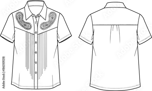 Short sleeve shirt sketch, paisley embroidery, fashion design, garment construction, technical drawing, apparel template, sewing pattern, pleated shirt, cuff detail