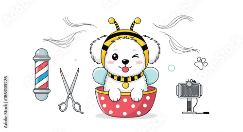 Adorable white puppy dressed in a cute bee costume sitting in a red polka dot bowl at a pet grooming salon with professional tools.