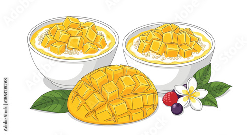 Two bowls of mango sago dessert topped with fresh mango cubes and served with a whole mango, berries, and a white frangipani flower.