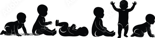 Baby development stages silhouette set showing crawling, sitting, standing, lying positions for pediatric, parenting, child growth, and education themes.