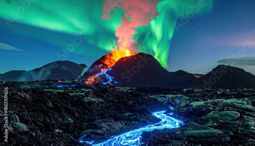 Volcano Eruption Under Aurora Borealis Sky.