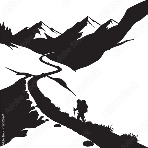 Hiker on mountain trail with backpack and trekking poles