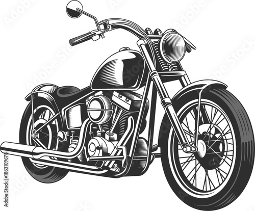Classic vintage chopper motorcycle vector illustration, black and white detailed motorbike sketch isolated on white background