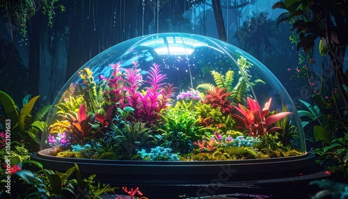 Vibrant Terrarium Displaying Lush Plants and Colorful Flora Under a Dome.