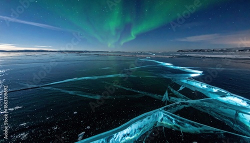 Stunning Aurora Borealis over Icy Lake with Cracks and Reflections.