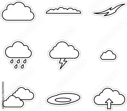 Weather Cloud Outline Icons Set with Rain, Thunder and Wind – Vector Illustration