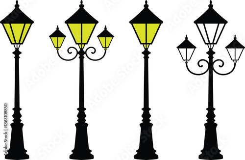 Vintage Street Lamp Post Silhouette Set. Classic Outdoor Lighting Vector.