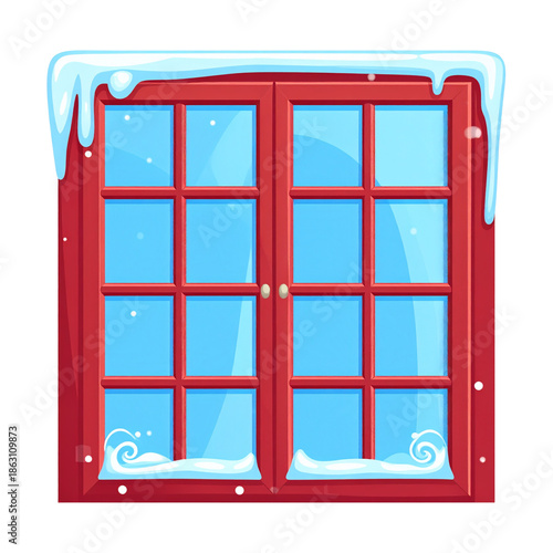  Cartoon Frozen Window with Blue Tint and Frosty Edges, Cute Winter Illustration, Isolated on Transparent Background