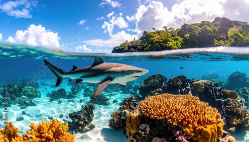 Shark swimming in clear blue ocean water near tropical island coral reef.