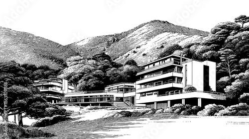 Detailed black and white illustration of modern resort architecture nestled in a serene mountain and lush forest landscape.