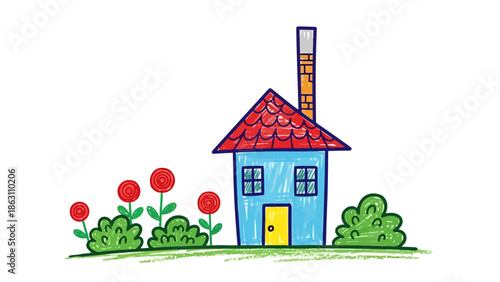 Simple Cartoon House with Garden and Chimney Hand Drawn Style Art