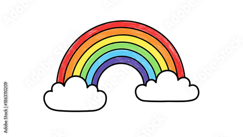 Bright Rainbow Arc With Puffy Clouds Isolated on White Background