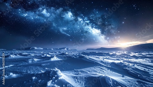 Vast Snowy Landscape Under a Starry Night Sky with the Milky Way.