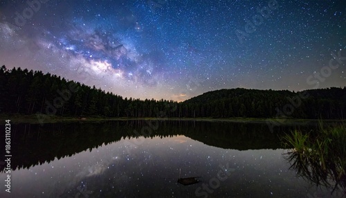 Stunning Milky Way Galaxy Reflecting on a Calm Lake at Night.