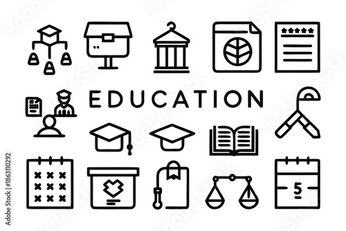 Education and e-learning icon set with graduation cap, books, and school supplies in thin line style