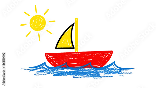 Childlike Drawing of a Red Sailboat on Blue Water Under a Yellow Sun for Creative Projects