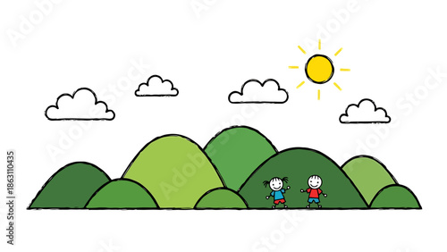 Simple Cartoon Landscape with Children Hills Clouds and Sun